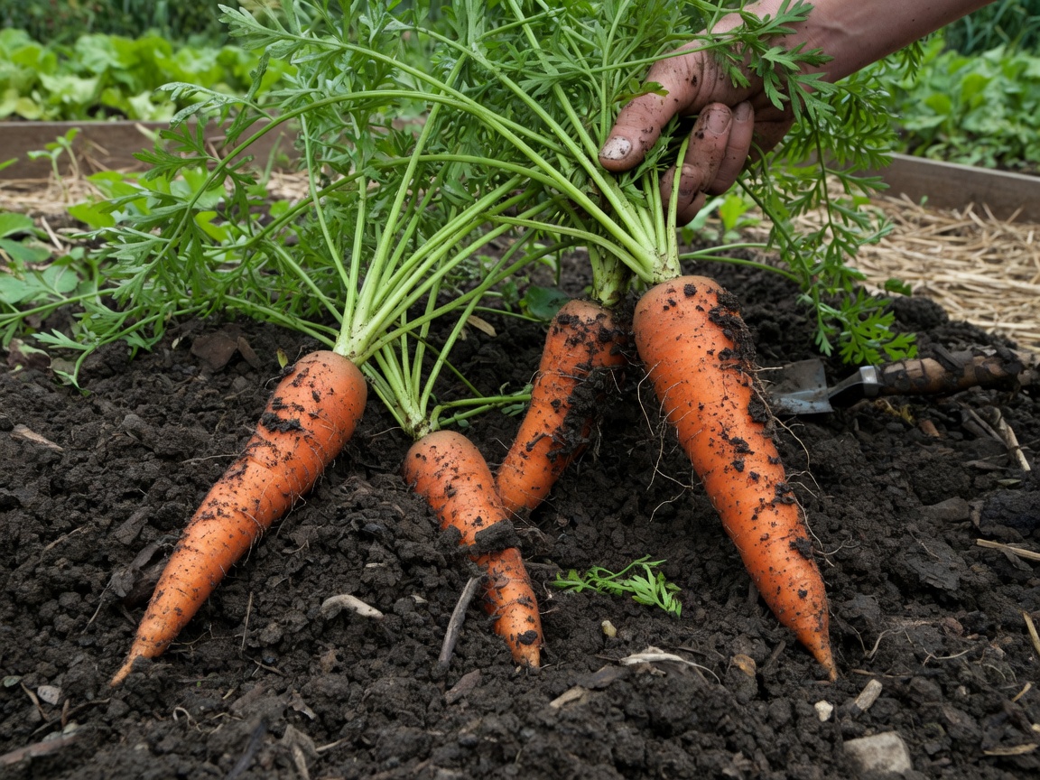 Carrots harvested from soil