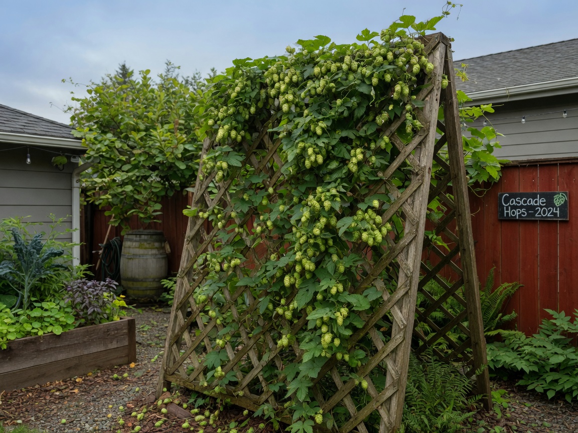 Hop bines on a trellis