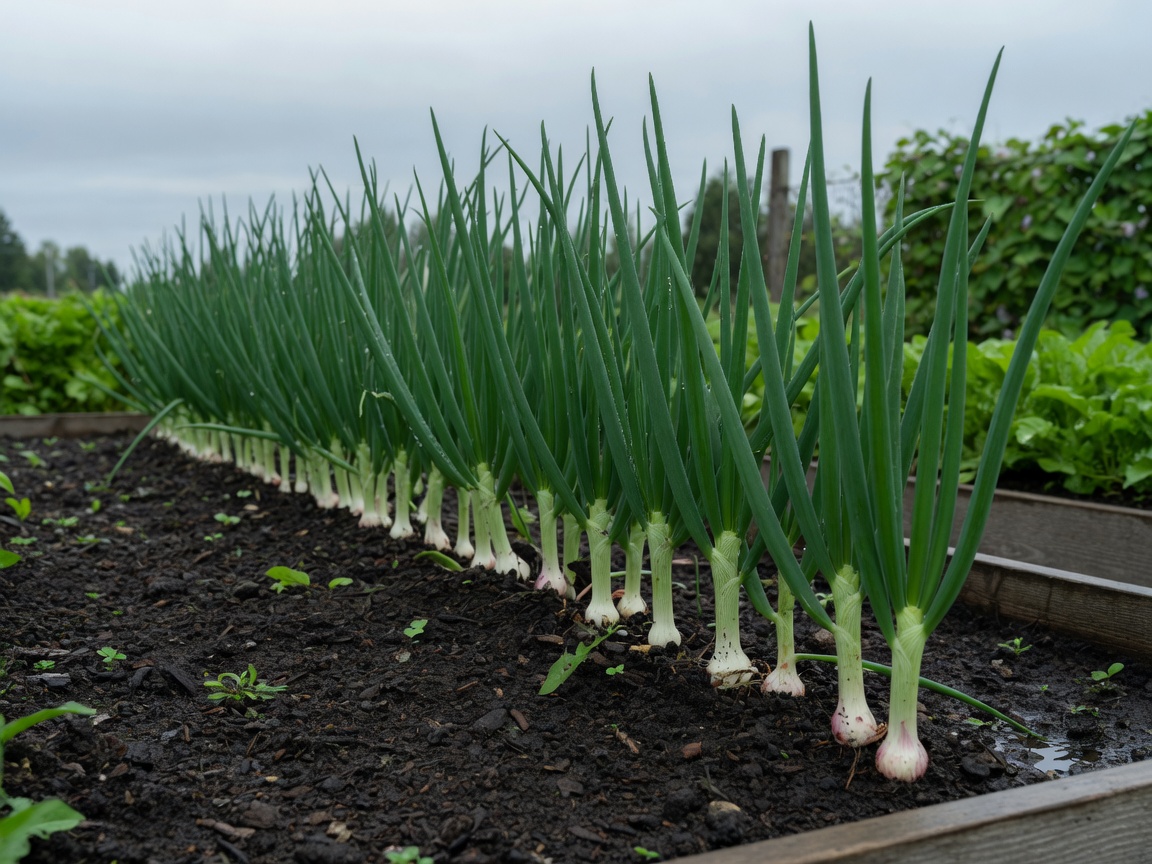 Green onions in a garden row