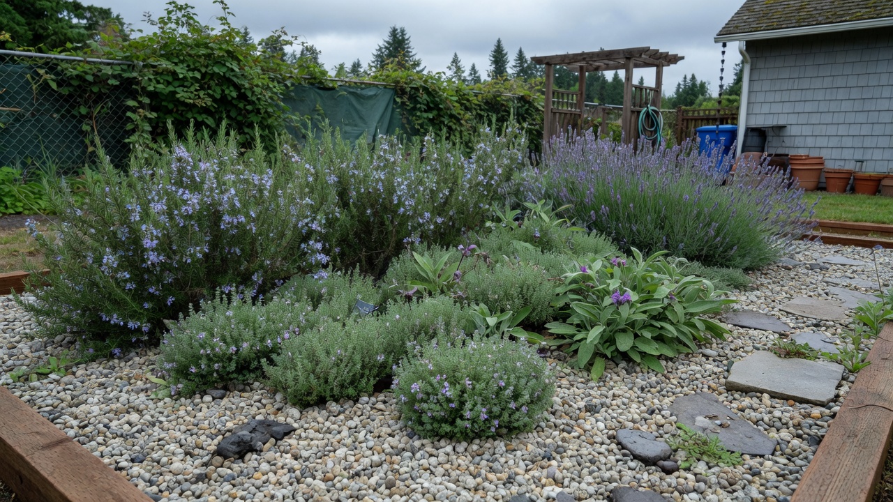 Herb garden bed with rosemary thyme sage and lavender