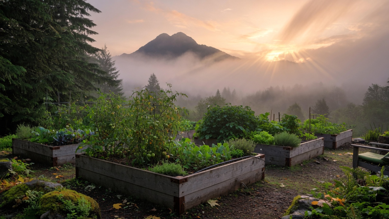 Raised beds in misty PNW garden