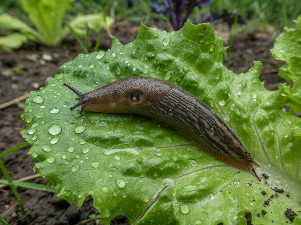 Garden slug on wet leaf