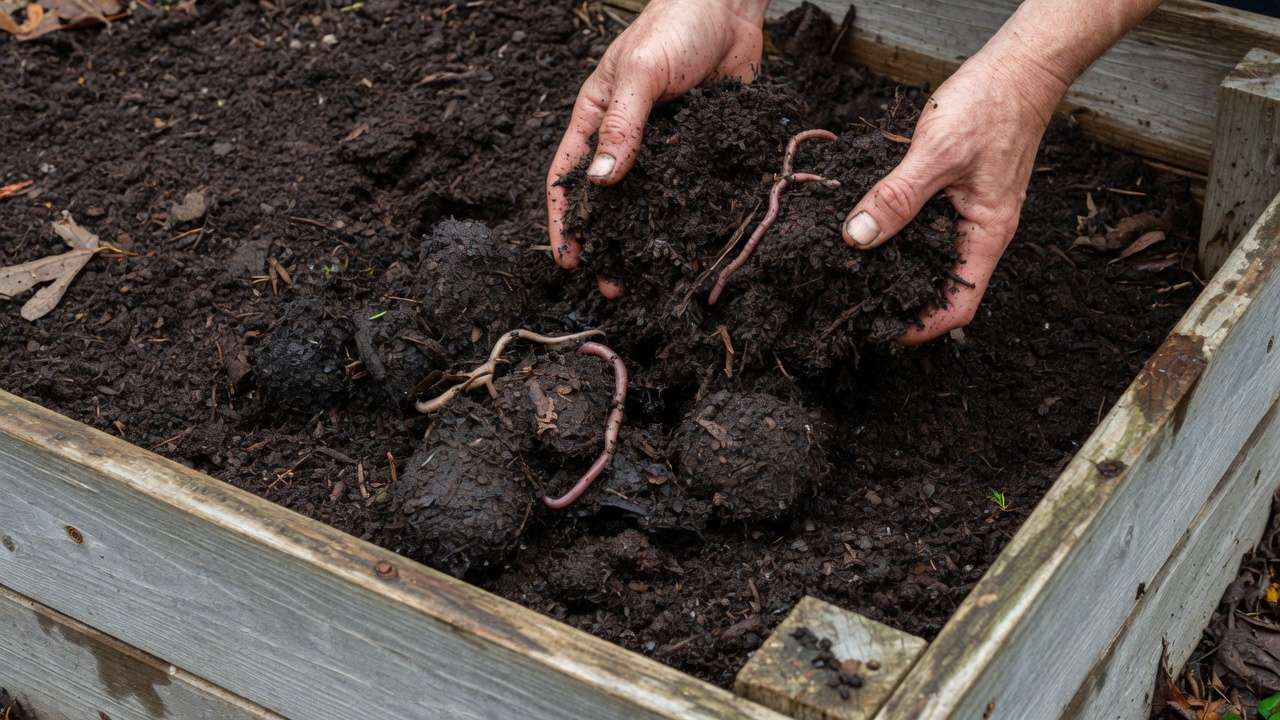 Hands working compost into soil