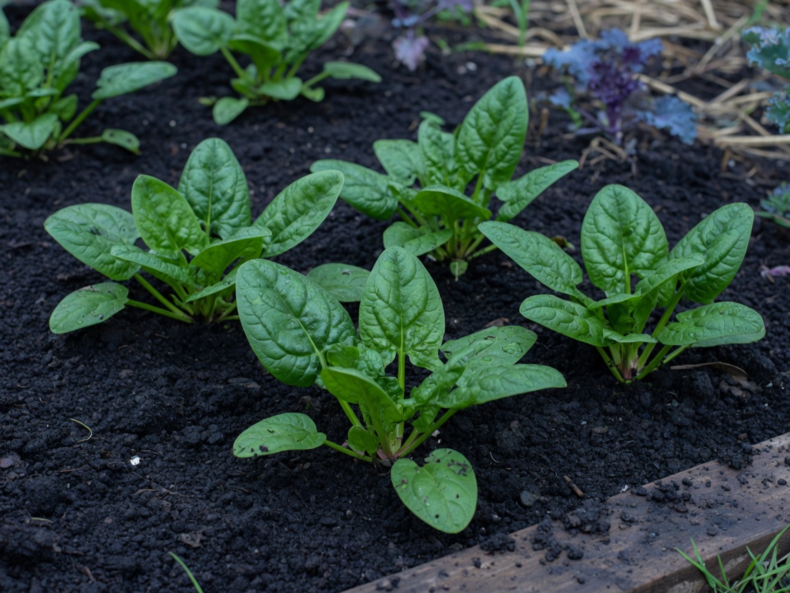 Spinach plants in garden soil