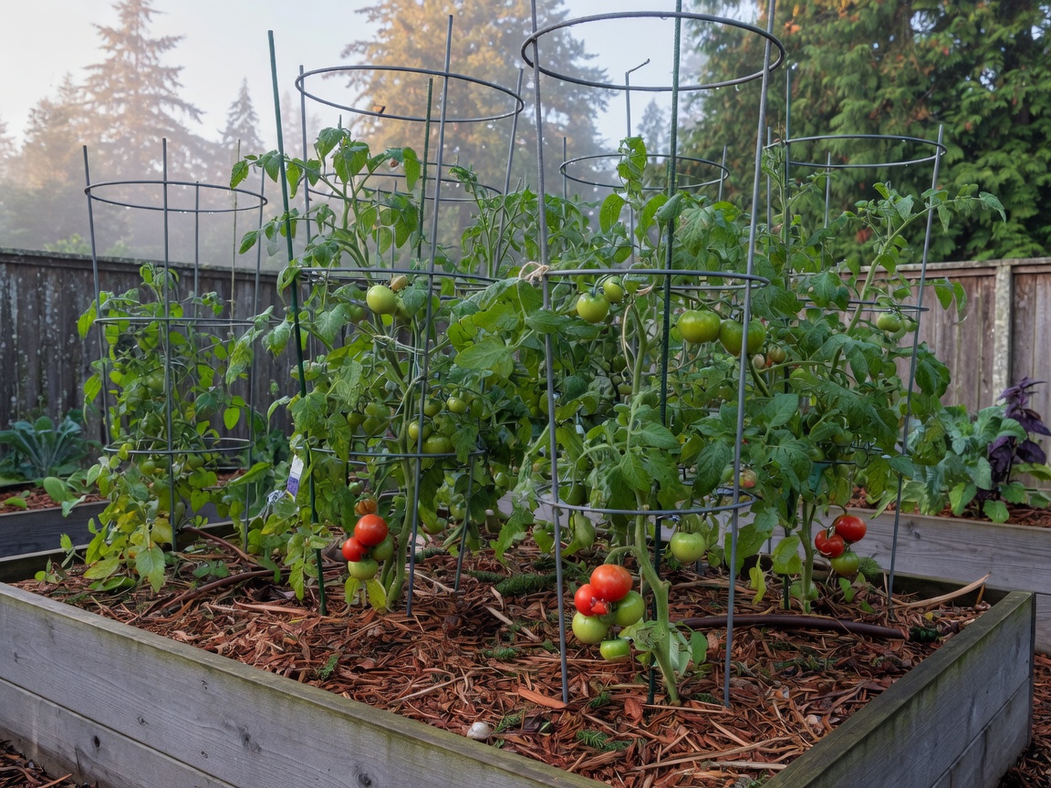 Tomatoes trained in cages