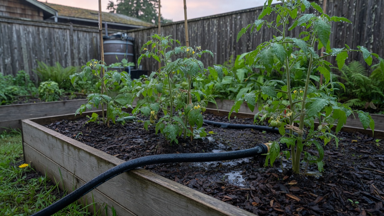Soaker hose watering garden beds